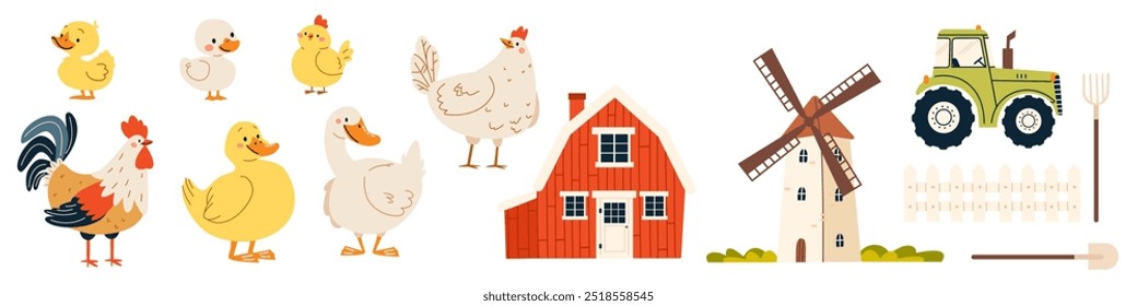 A set of flat vector illustrations in children's style. Farm buildings, mill tractor. Domestic birds, goose duck rooster hen chicken duckling chicken