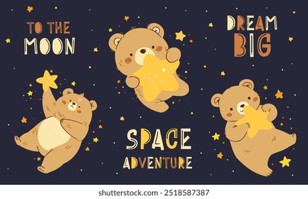 Conjunto de Ilustraciones vectoriales planas en estilo infantil. Lindos osos volando en el espacio. Espacio y estrellas. Un conjunto de letras e inscripciones de temática espacial. 