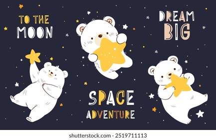 Conjunto de Ilustraciones vectoriales planas en estilo infantil. Lindos osos blancos volando en el espacio. Espacio y estrellas. Un conjunto de letras e inscripciones de temática espacial. 