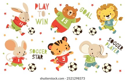 Set of flat vector illustrations in children's style. Cute animals in uniform playing soccer. Lion elephant elephant tiger hare mouse and bear. Sports-themed inscriptions and lettering