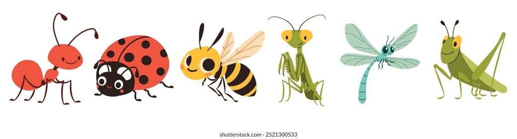 A set of flat vector illustrations in children's style. Cute mosquito caterpillar wasp ladybug mantis dragonfly grasshopper grasshopper ant