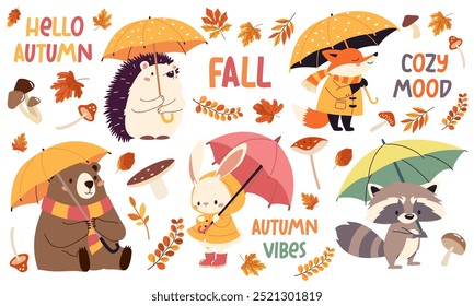 Set of flat vector illustrations in children's style. Cute animals in raincoats and with umbrellas. Hedgehog fox bear raccoon hare in the rain, fall leaves. Autumn-themed inscriptions and lettering