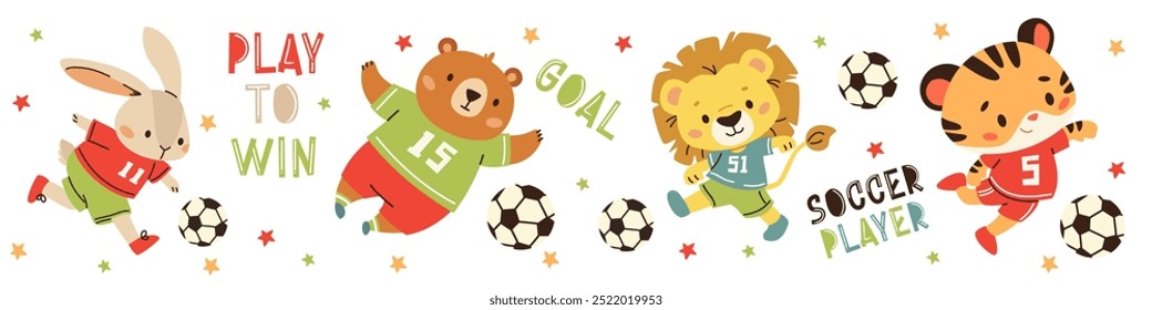 Set of flat vector illustrations in children's style. Cute animals in uniform playing soccer. Lion elephant elephant tiger hare mouse and bear. Sports-themed inscriptions and lettering