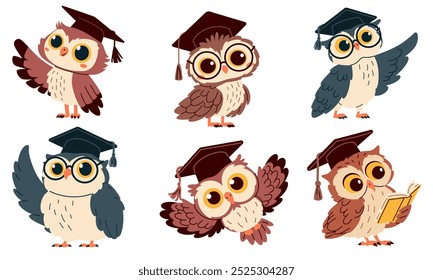 Set of flat vector illustrations in children's style. Cute owls with glasses and graduation hat, pointing with wing and reading books