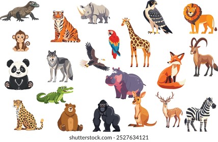 Set of Flat Vector Illustrations in Children's Style Featuring Cute Wild Animals. Bear, Crocodile, Deer, Eagle, Falcon, Fox, Giraffe, Gorilla, Hippopotamus, Ibex, Kangaroo, Komodo Dragon, Leopard