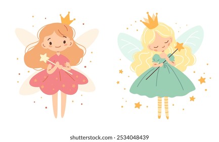 Conjunto de ilustrações vetoriais planas no estilo infantil. Belas princesas de fadas em coroas voando com varinhas mágicas