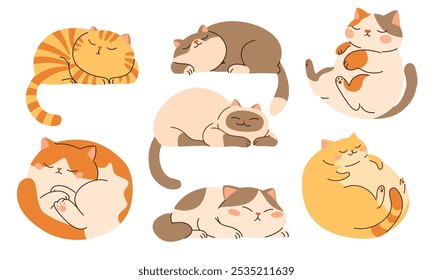 Conjunto de ilustrações vetoriais planas no estilo infantil. Gatos adormecidos bonitos sobre fundo branco 