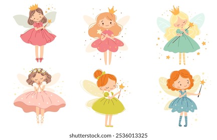 Set of flat vector illustrations in children's style. Cute fairies with magic wands on white background