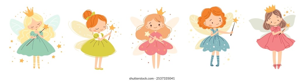 Set of flat vector illustrations in children's style. Cute fairies with magic wands on white background