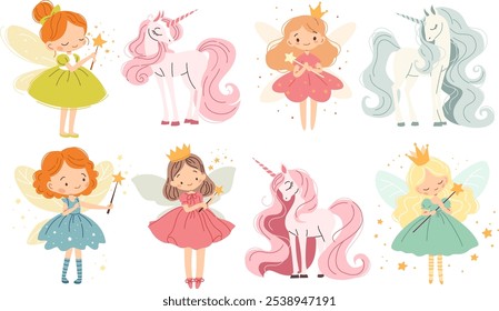 Set of flat vector illustrations in children's style. Cute fairies and unicorns with magic wands on white background