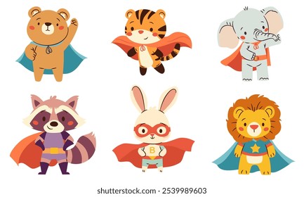 Set of flat vector illustrations in children's style. Cute animals in superhero costumes, tiger lion hare lion raccoon bear. Children's illustrations on white background 