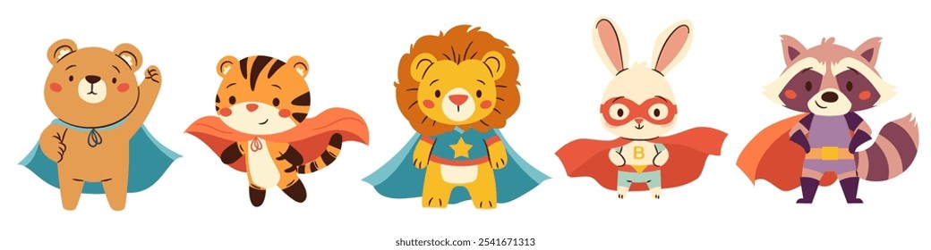 Conjunto de Ilustraciones vectoriales planas en estilo infantil. Animales lindos en trajes de superhéroes, león tigre liebre león mapache oso. Ilustraciones de los niños en el fondo blanco 