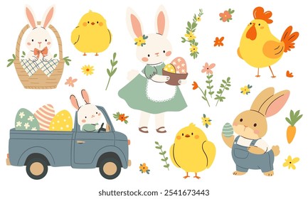 Conjunto de Ilustraciones vectoriales planas en estilo infantil sobre la temática de las vacaciones de Semana Santa. Conejitos lindos en un camión, gallinas, huevos de Pascua, margaritas y plantas