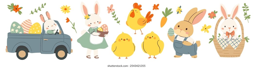 Set of flat vector illustrations in children's style on the theme of Easter holidays. Cute bunnies on a truck, chickens Easter eggs daisies and plants