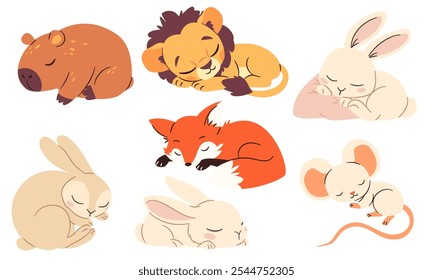 A set of flat vector illustrations in children's style. Cute sleeping bunnies lion cub fox mouse capybara on white background 