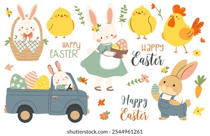 Set of flat vector illustrations in children's style on the theme of Easter holidays. Cute bunnies on a truck, chickens Easter eggs daisies and plants, lettering Happy easter