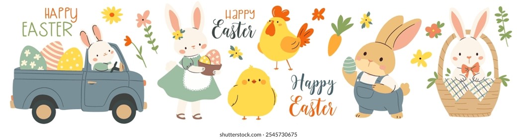 Set of flat vector illustrations in children's style on the theme of Easter holidays. Cute bunnies on a truck, chickens Easter eggs daisies and plants, lettering Happy easter