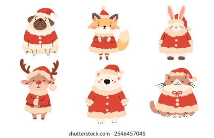 A set of flat vector illustrations in children's style with Christmas theme. Cute animals in Santa Claus costume, reindeer pug hare hare fox bear cat on white background 