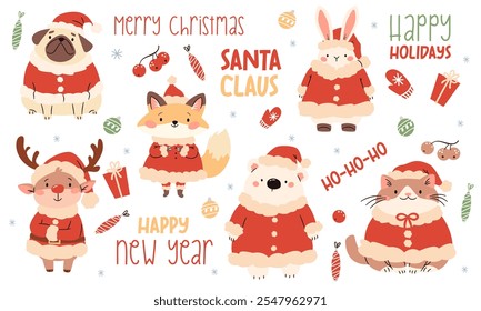 A set of flat vector illustrations in children's style with Christmas theme. Cute animals in Santa Claus costume, reindeer pug hare hare fox bear cat on white background, christmas lettering