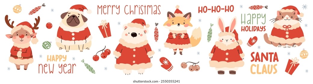 A set of flat vector illustrations in children's style with Christmas theme. Cute animals in Santa Claus costume, reindeer pug hare hare fox bear cat on white background, christmas lettering