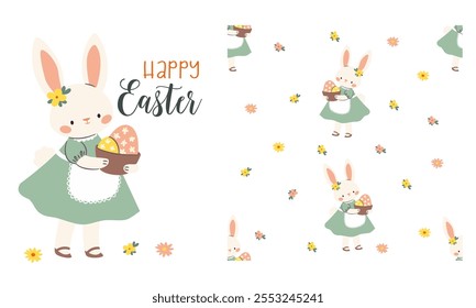 Set of flat vector illustrations in children's style for printing on children's products. Cute bunny in a dress holding a basket with eggs, Happy Easter inscription. Seamless vector pattern 
