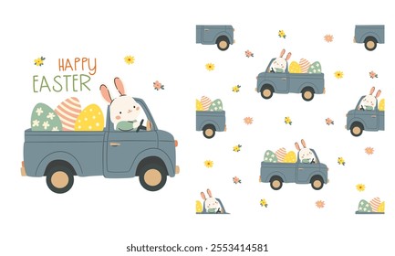 Set of flat vector illustrations in children's style for printing on children's products. Cute bunny riding in a van and carrying Easter eggs, Happy Easter inscription. Seamless vector pattern 