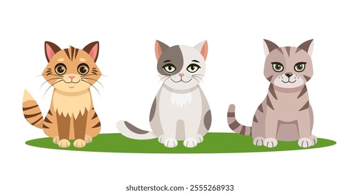 Set of flat vector illustrations in children's style. Cute kittens on a white background. Cat print. Cute kittens.