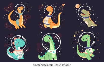 Set of flat vector illustrations in children's simple style. Cute dinosaurs in spacesuits flying in space