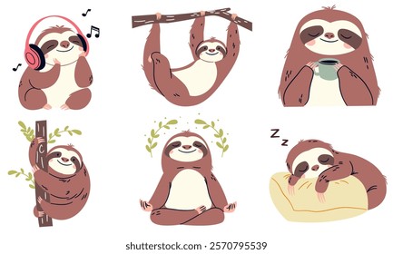 Set of flat vector illustrations in children's style on white background. Cute sloths in different poses, listening to music, meditating and more 