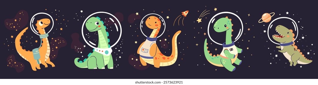 Set of flat vector illustrations in children's simple style. Cute dinosaurs in spacesuits flying in space