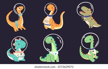 Set of flat vector illustrations in children's simple style. Cute dinosaurs in spacesuits flying in space