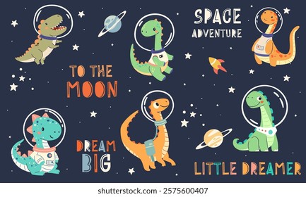 Set of flat vector illustrations in children's simple style. Cute dinosaurs in spacesuits flying in space, space lettering