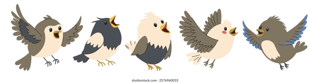 A set of flat vector illustrations in children's style. Cute birds sitting and flying 