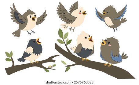 A set of flat vector illustrations in children's style. Cute birds sitting and flying 