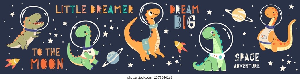 Set of flat vector illustrations in children's simple style. Cute dinosaurs in spacesuits flying in space, space lettering