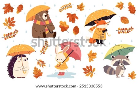 Set of flat vector illustrations in children's style. Cute animals in raincoats and with umbrellas. Hedgehog fox bear raccoon hare in the rain, fall leaves