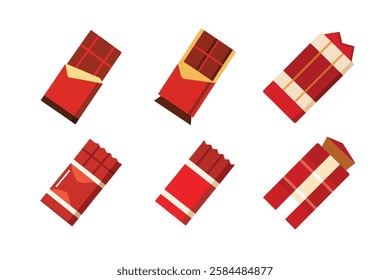 Set of flat vector illustrations of chocolate bars in red and gold packaging. Perfect for confectionery branding, food packaging design, and sweet-themed projects.