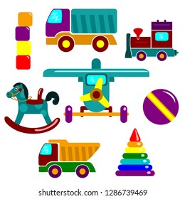 Set of flat vector illustrations. Colorful toys for little babies: train, airplane, ball, horse, trucks, pyramid and cubes. 