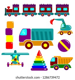 Set of flat vector illustrations. Colorful toys for kids: train, excavator, pyramid, ball, trucks, airplane and cubes. 