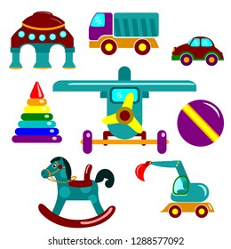 Set of flat vector illustrations. Colorful toys for little babies: excavator, UFO, pyramid, ball, horse, truck, car and airplane. 