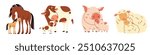 Set of flat vector illustrations. Cute pets with cubs. Horse with foal, pig with piglet, sheep with lamb, cow with calf