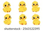 A set of flat vector illustrations in cute childish style. Cute ducklings in different poses with big cute eyes