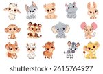 A set of flat vector illustrations in cute childish style. Cute baby animals with big eyes. Bunny, baby squirrel, wolf goat, baby bear, baby elephant mouse, lion, tiger, hippo, zebra, horse, monkey, l