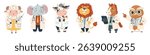 Set of flat vector illustrations. Cute animals in doctors costume. Lion elephant cow owl horse and sheep in white coats. 