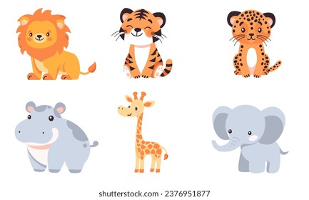 Set of flat vector illustrations. Cute animals of Africa and safari on white background, lion, cheetah, tiger, elephant, giraffe, hippo 