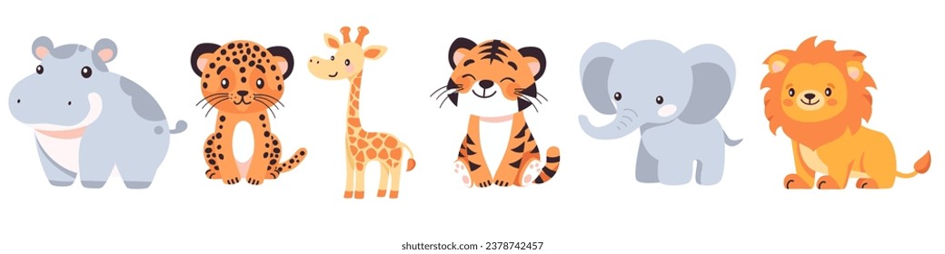 Conjunto de ilustraciones vectoriales planas. Animales pequeños de África y safari de fondo blanco, león, chita, tigre, elefante, jirafa, hipopótamo 