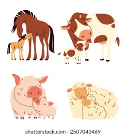 Set of flat vector illustrations. Cute pets with cubs. Horse with foal, pig with piglet, sheep with lamb, cow with calf