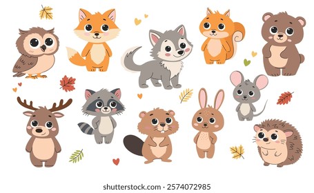 Set of flat vector illustrations. Cute forest animals. Bear, mouse, fox, hedgehog, squirrel, raccoon, beaver, hare, elk, deer, owl. Vector illustration.