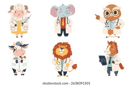 Set of flat vector illustrations. Cute animals in doctors costume. Lion elephant cow owl horse and sheep in white coats.  