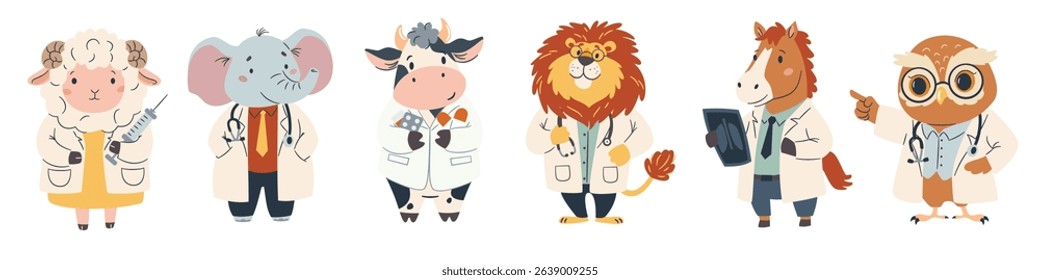 Set of flat vector illustrations. Cute animals in doctors costume. Lion elephant cow owl horse and sheep in white coats. 